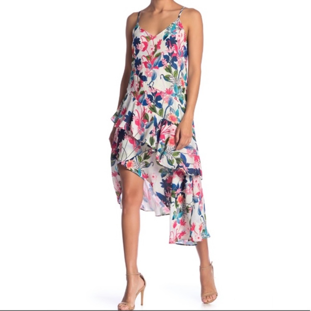 NWOT Parker floral asymmetric tiered midi Dress